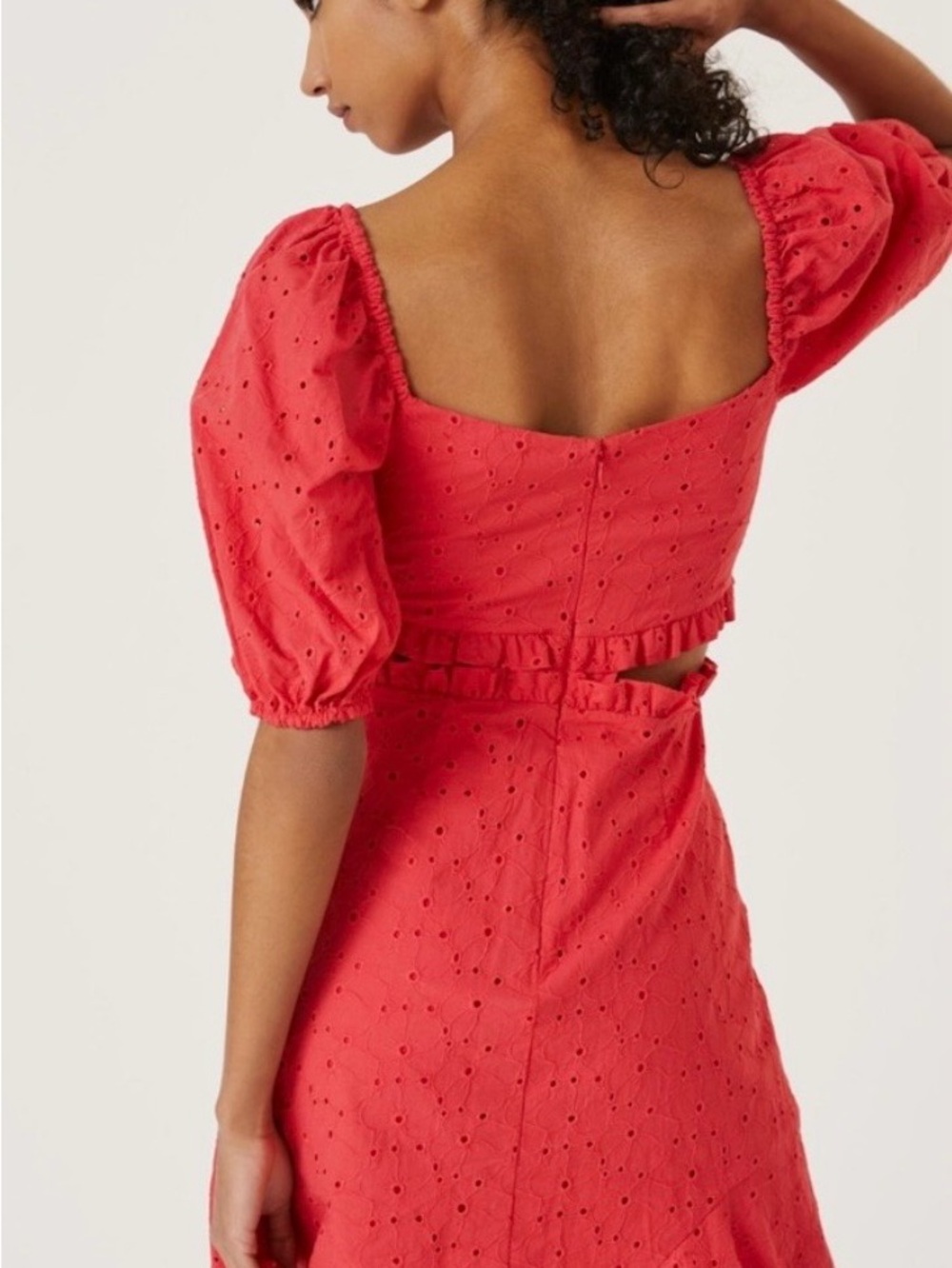 Women's Red Puff-Sleeve Eyelet Mini Dress - Picture 3 of 4